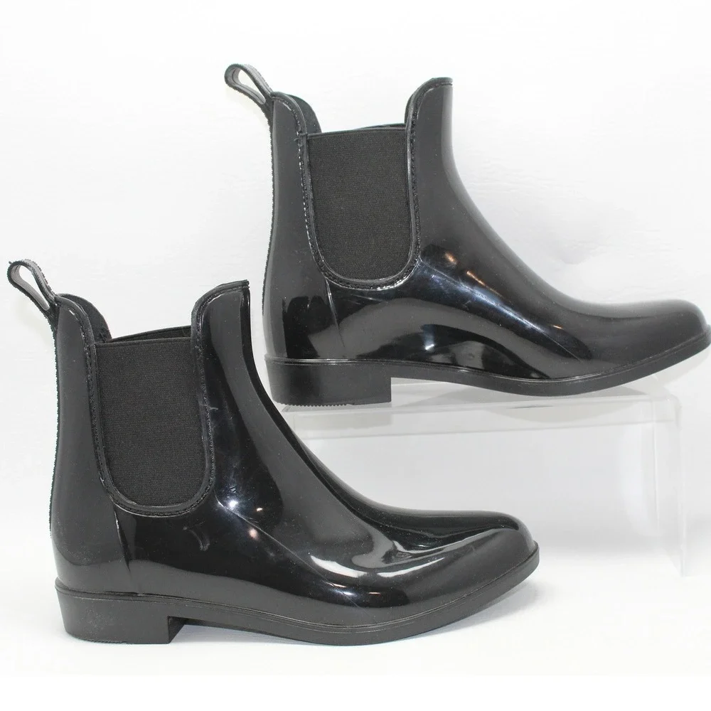 Womens Black Glossy Chelsea Rain Boots Ankle Waterproof Size‎ 38 Elastic Gore